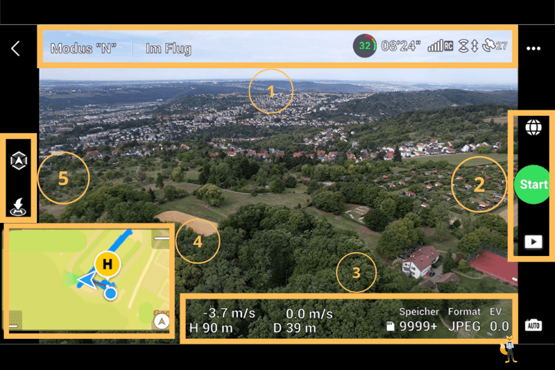 Unterschiedliche DrohneninfoInfos zur Drohne und Informationen zur Umgebung sowie Bild- und Videofunktionen stehen mit der DJI Fly App zur Verfügung.